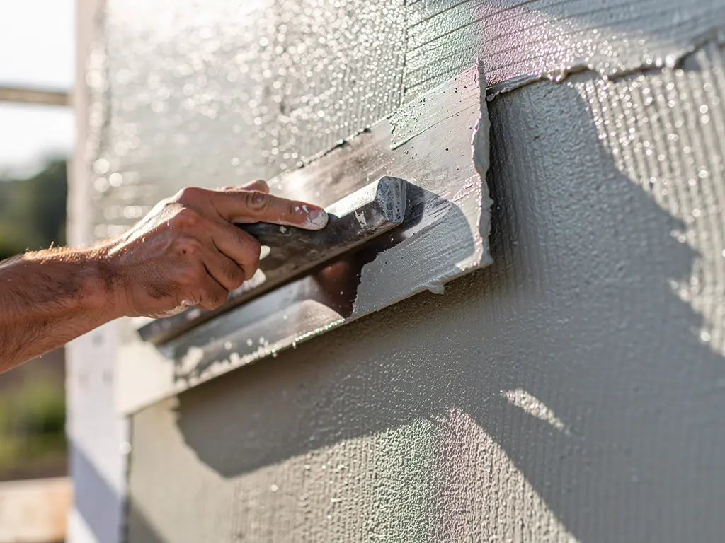 Façadier appliquant à la taloche l'enduit de finition sur un mur isolé