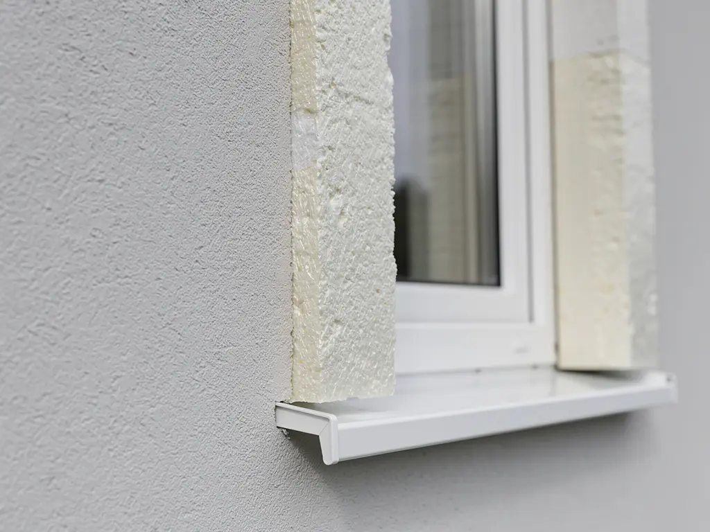 Contour de fenêtre enveloppé d'isolant et d'enduit pour couper le pont thermique